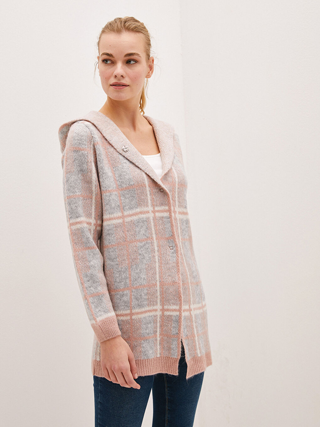Πλεκτή Ζακέτα Tricot Γυναικεία Με Κουκούλα Καρό Μακρυμάνικη-1