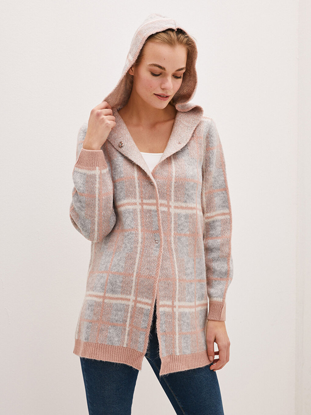 Πλεκτή Ζακέτα Tricot Γυναικεία Με Κουκούλα Καρό Μακρυμάνικη-2