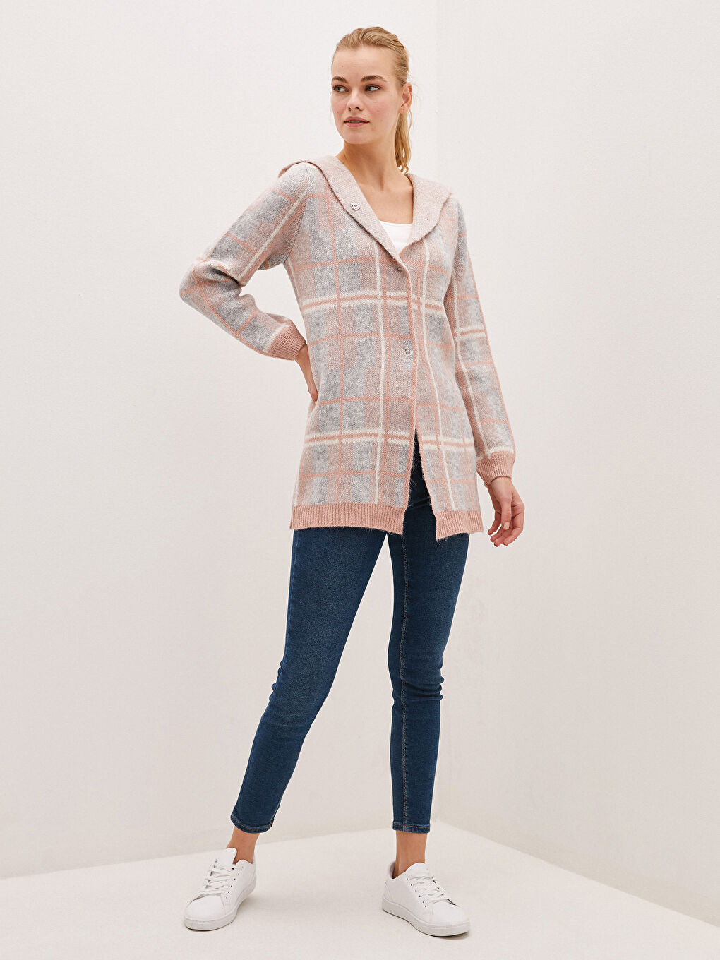 Πλεκτή Ζακέτα Tricot Γυναικεία Με Κουκούλα Καρό Μακρυμάνικη-3