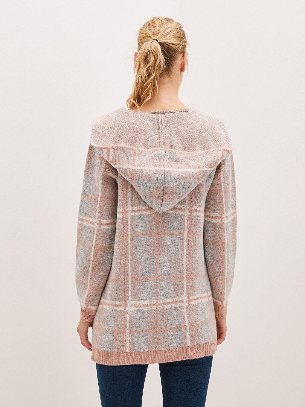 Πλεκτή Ζακέτα Tricot Γυναικεία Με Κουκούλα Καρό Μακρυμάνικη-4