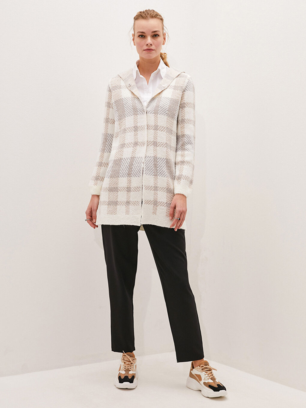 Πλεκτή Ζακέτα Tricot Γυναικεία Με Κουκούλα Καρό Μακρυμάνικη-3