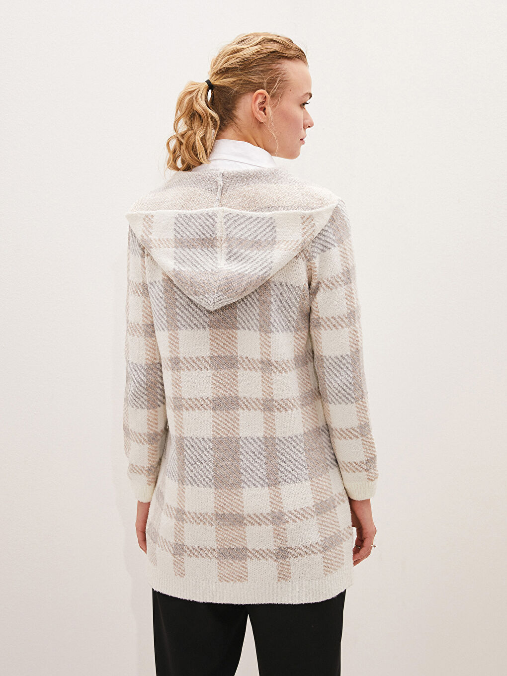 Πλεκτή Ζακέτα Tricot Γυναικεία Με Κουκούλα Καρό Μακρυμάνικη-4