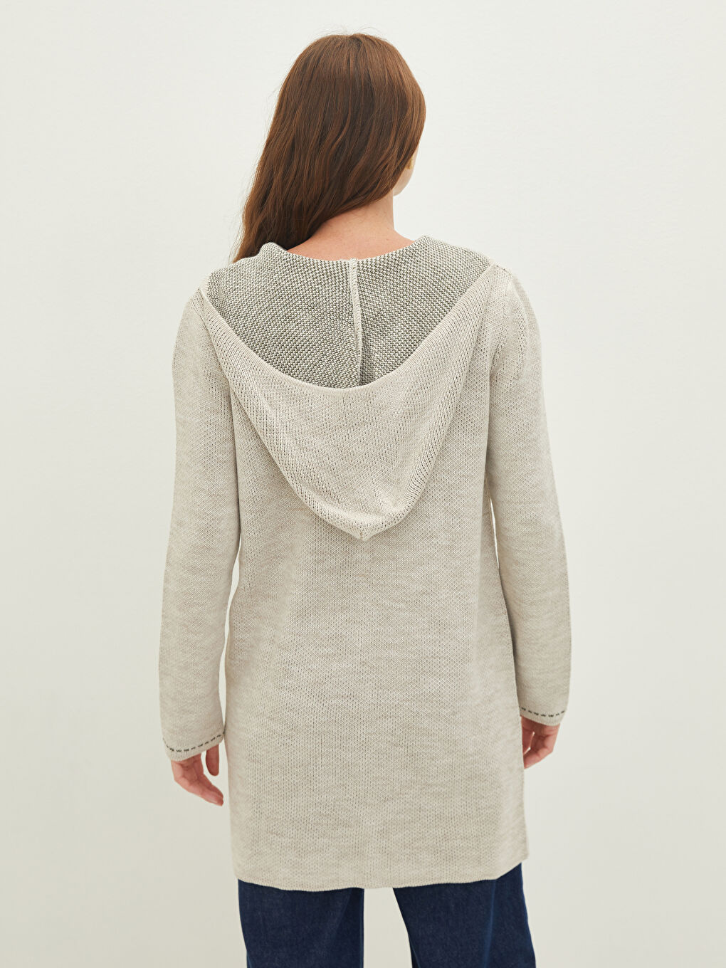 Bej Kapüşon Yaka Cep Detaylı Uzun Kollu Kadın Triko Hırka-4