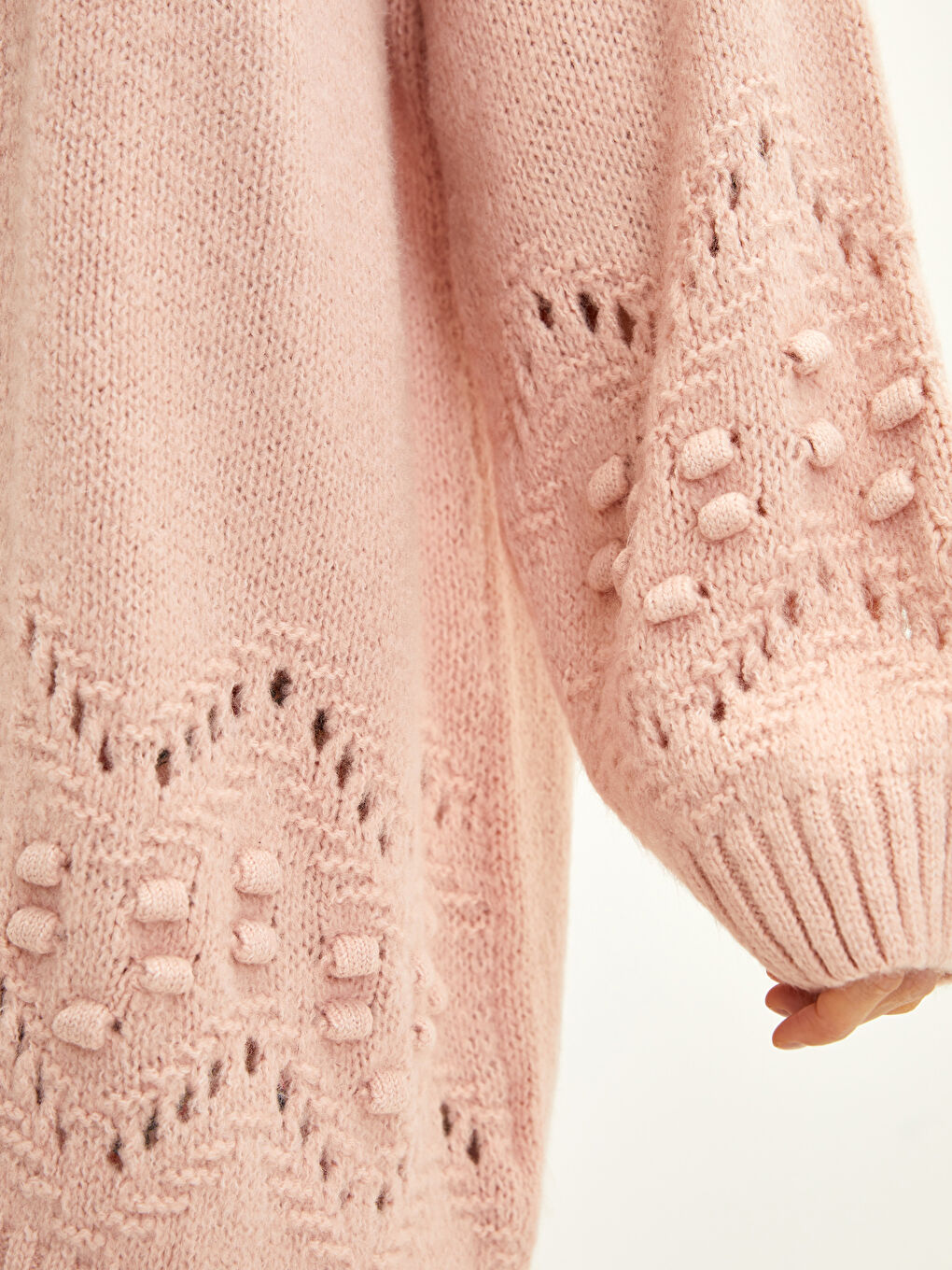 Pembe Şal Yaka Kendinden Desenli Uzun Kollu Kadın Triko Hırka-2