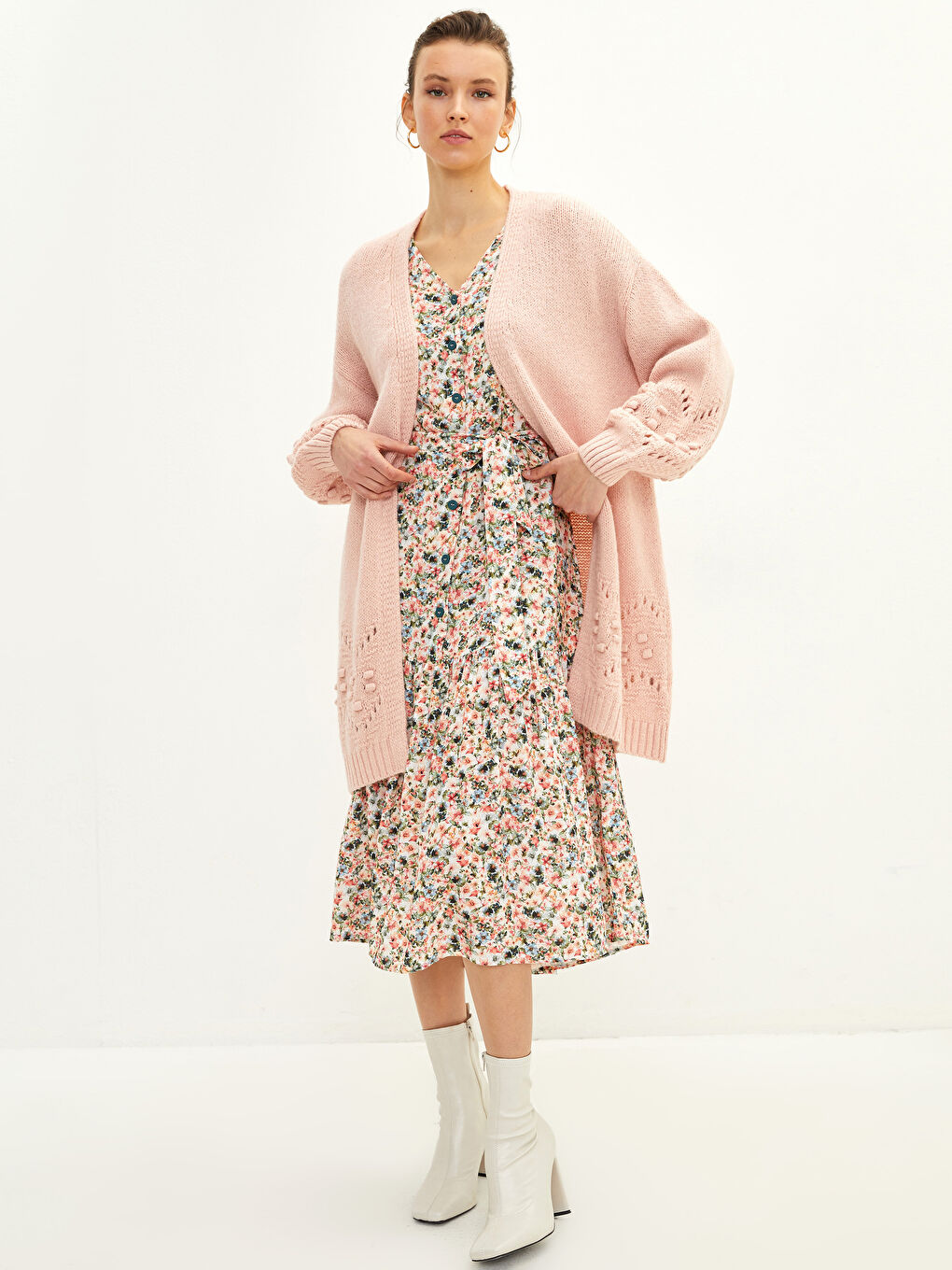 Pembe Şal Yaka Kendinden Desenli Uzun Kollu Kadın Triko Hırka-3