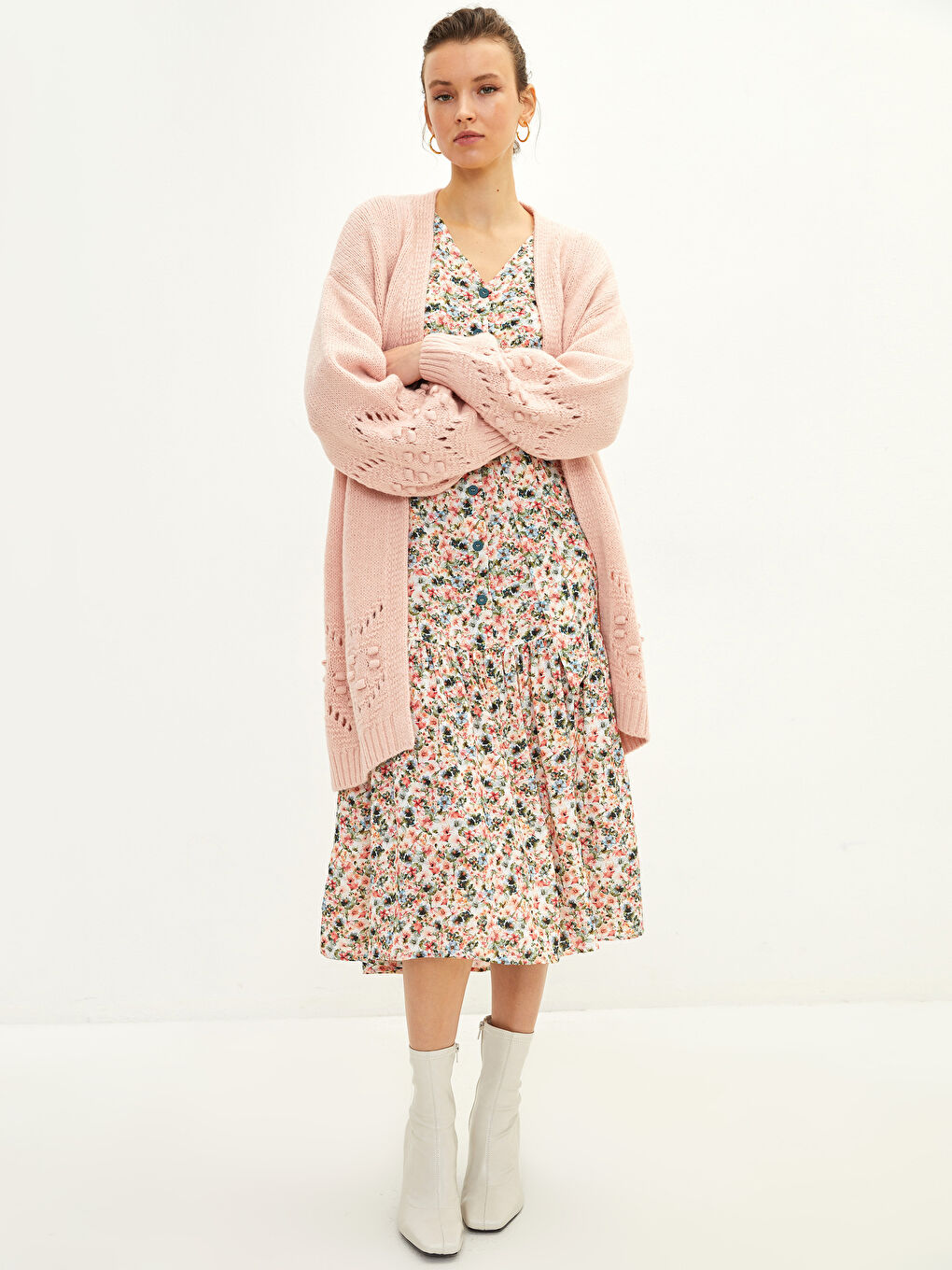 Pembe Şal Yaka Kendinden Desenli Uzun Kollu Kadın Triko Hırka-4