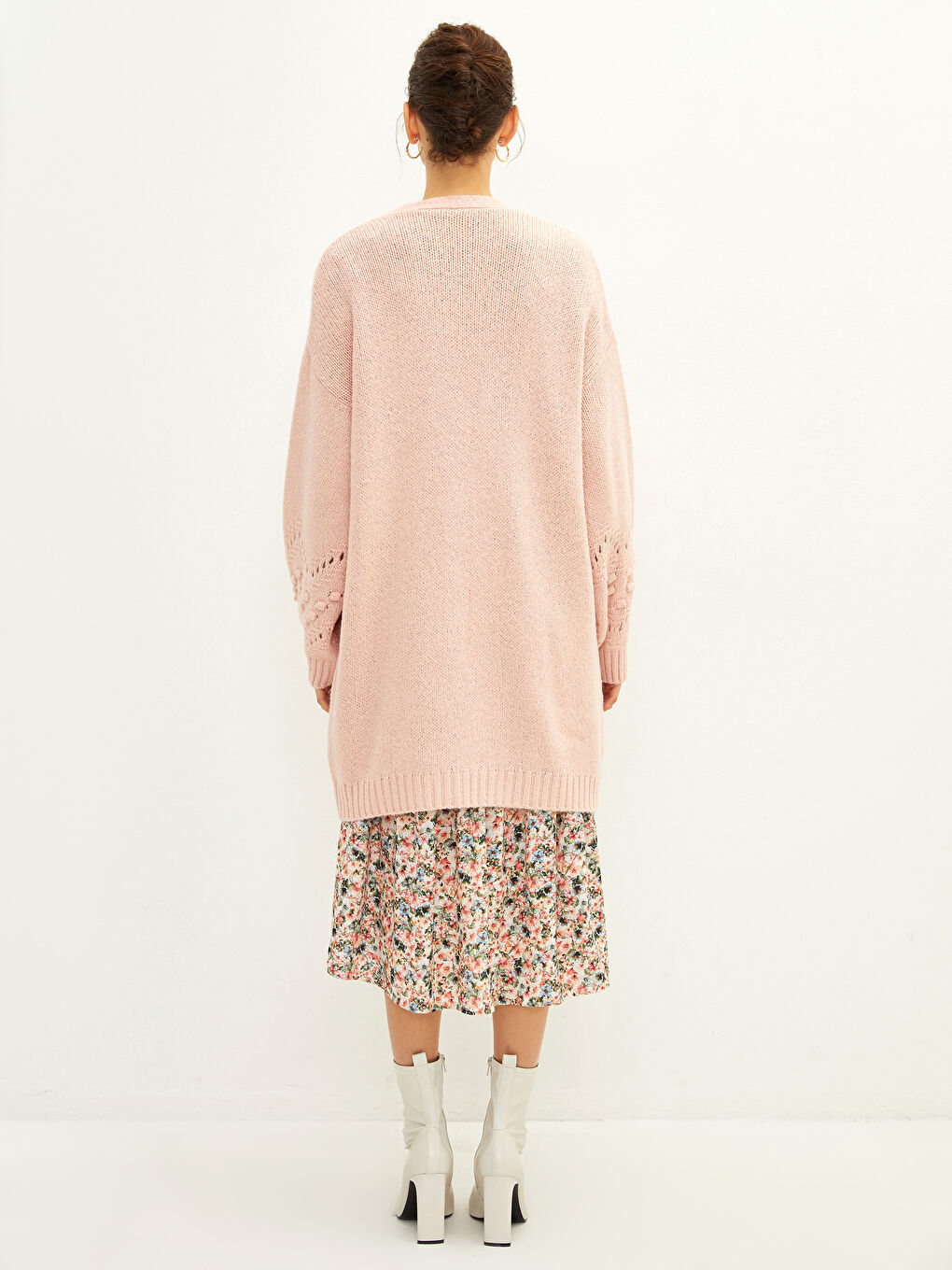 Pembe Şal Yaka Kendinden Desenli Uzun Kollu Kadın Triko Hırka-5