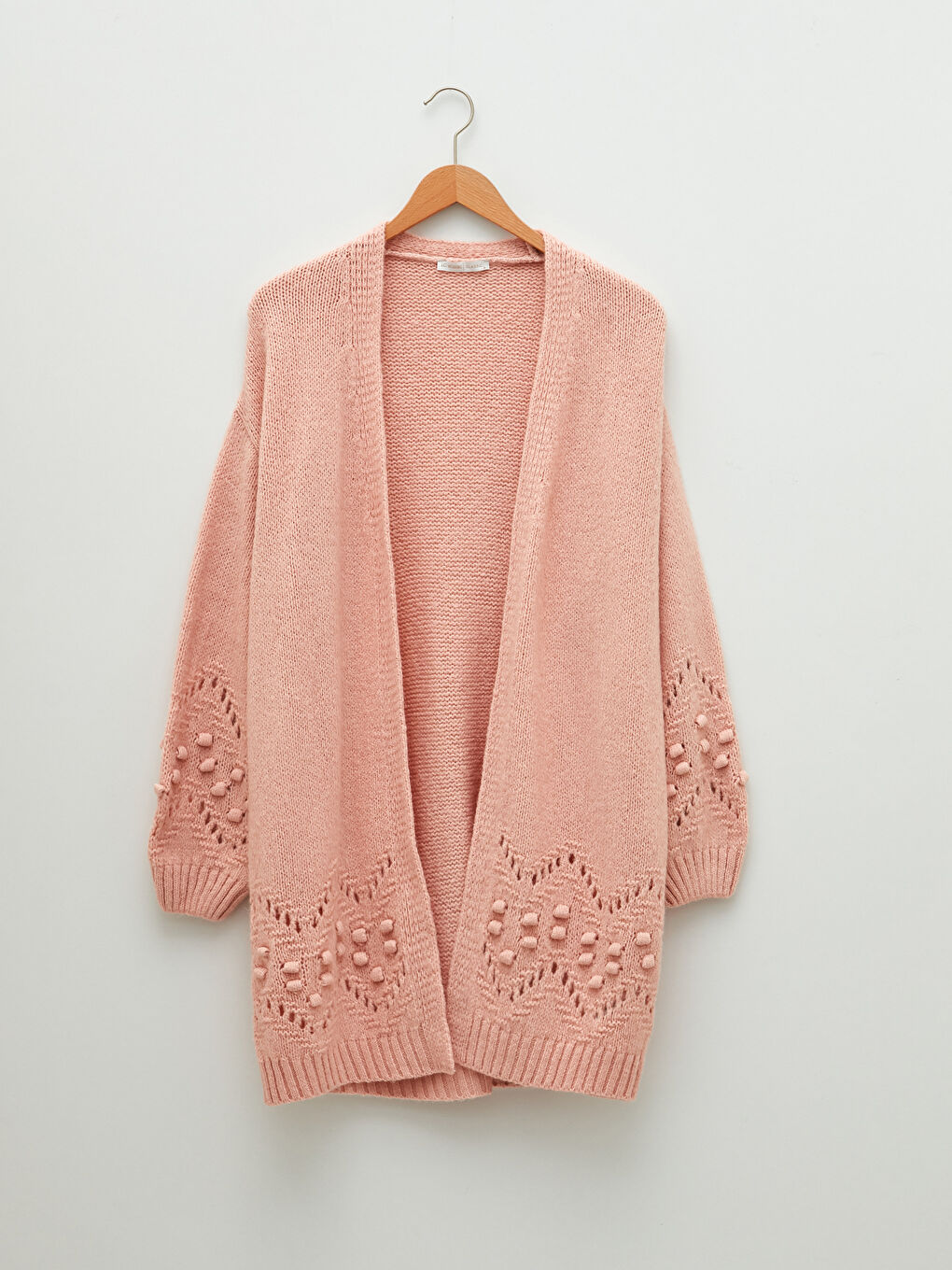 Pembe Şal Yaka Kendinden Desenli Uzun Kollu Kadın Triko Hırka-6