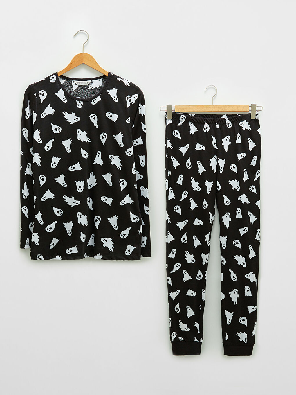 طقم بيجاما قطن كم طويل مطبوع برقبة دائرية للسيدات-5