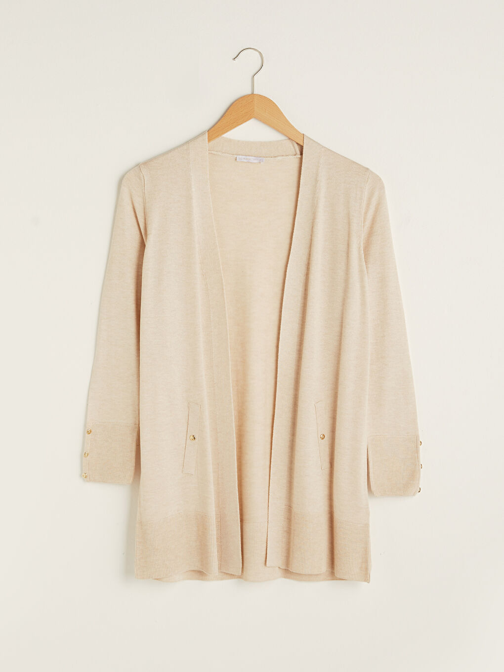 Bej Şal Yaka Düz Uzun Kollu Kadın Triko Hırka-6