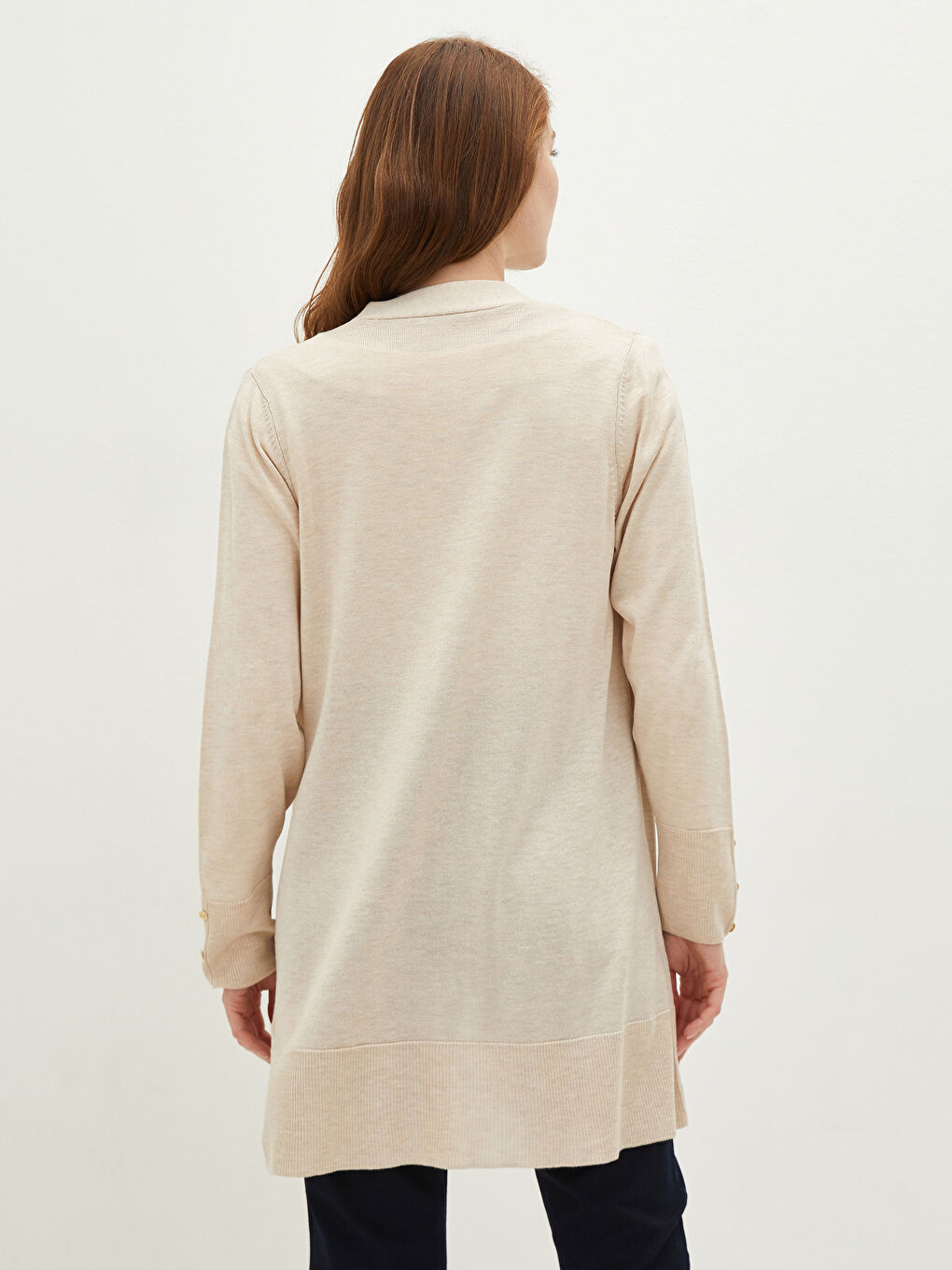 Bej Şal Yaka Düz Uzun Kollu Kadın Triko Hırka-4