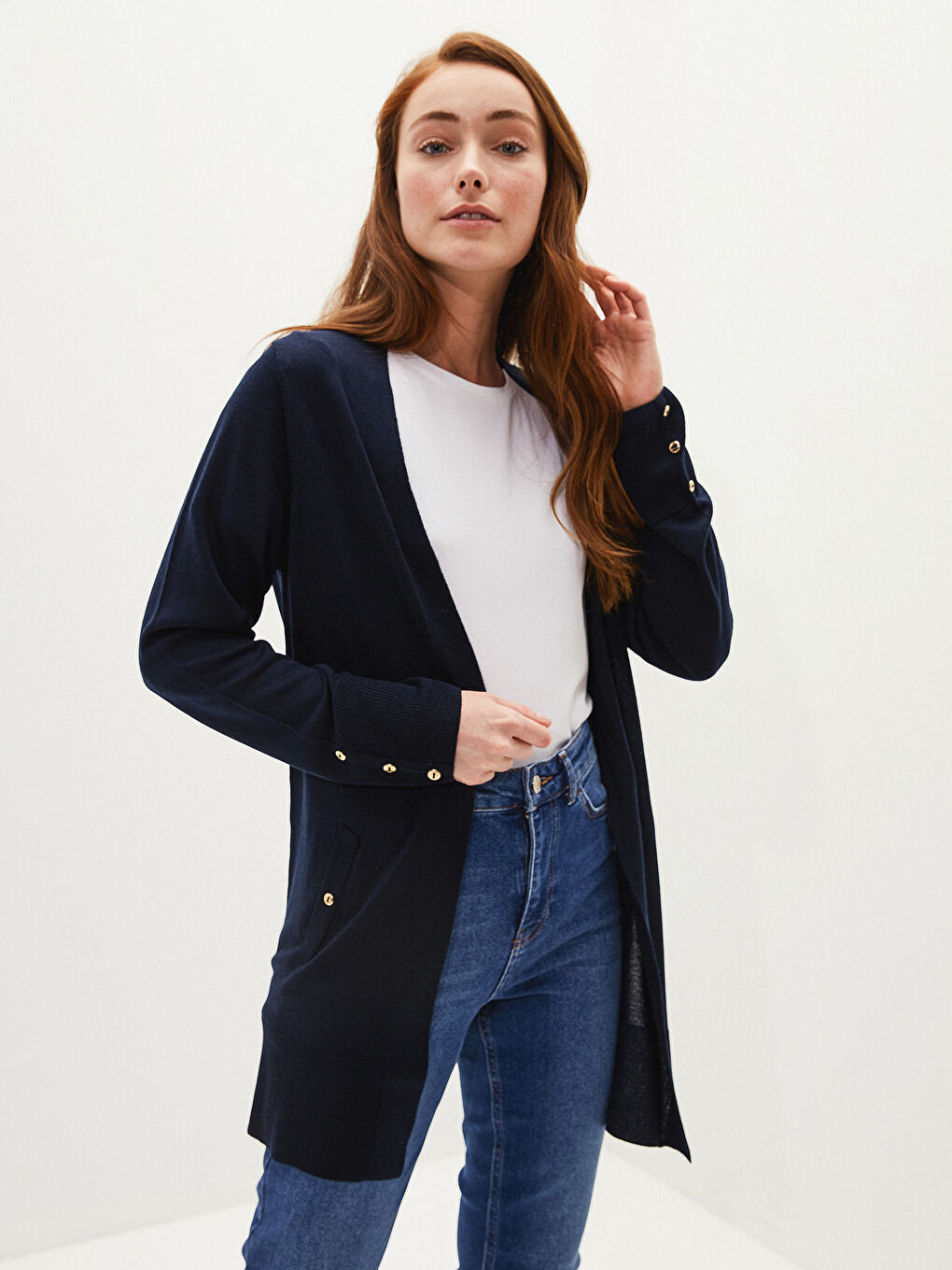 Lacivert Şal Yaka Düz Uzun Kollu Kadın Triko Hırka