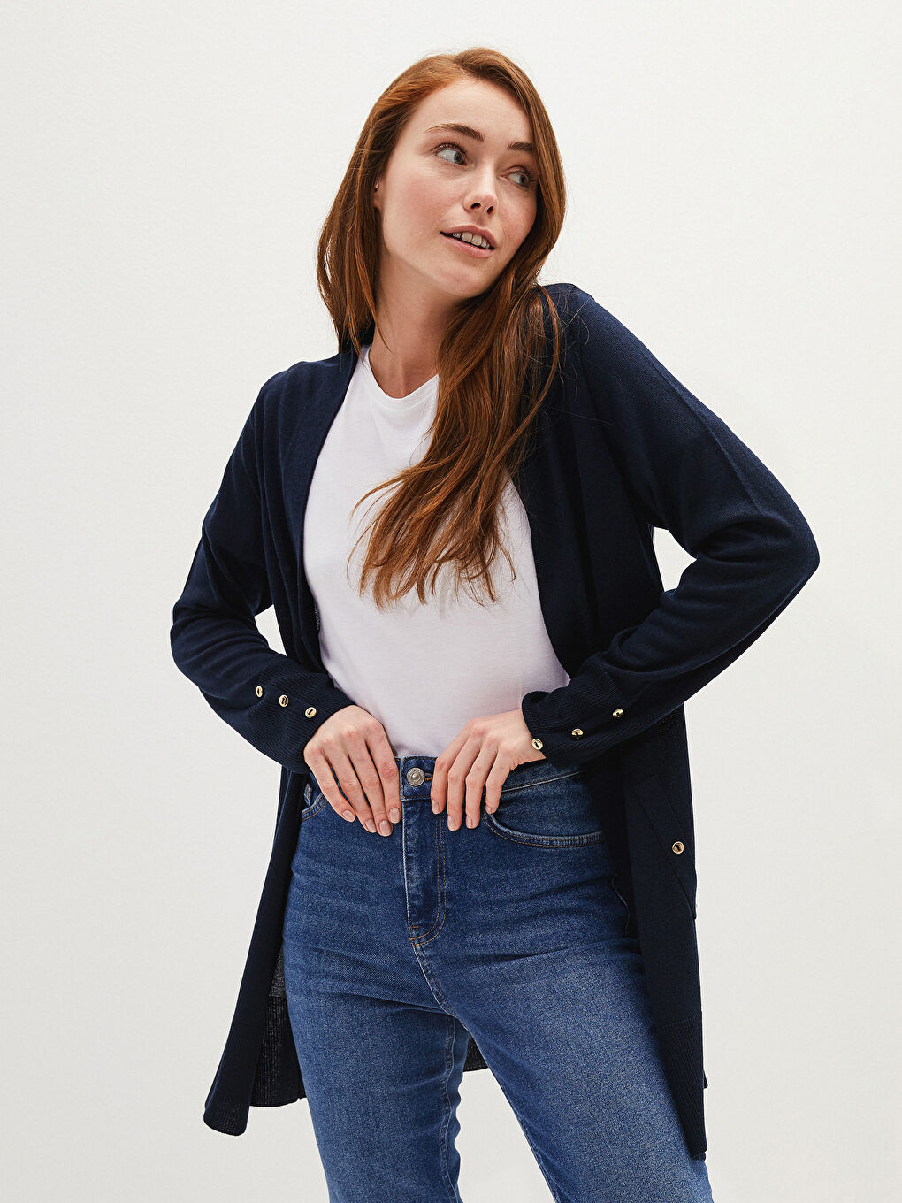 Lacivert Şal Yaka Düz Uzun Kollu Kadın Triko Hırka-1