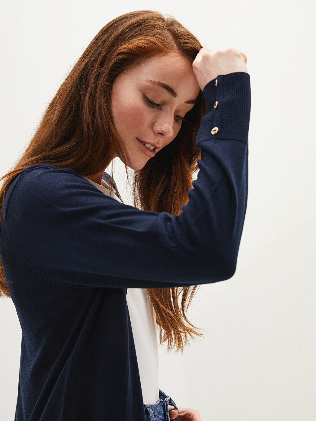 Lacivert Şal Yaka Düz Uzun Kollu Kadın Triko Hırka-2