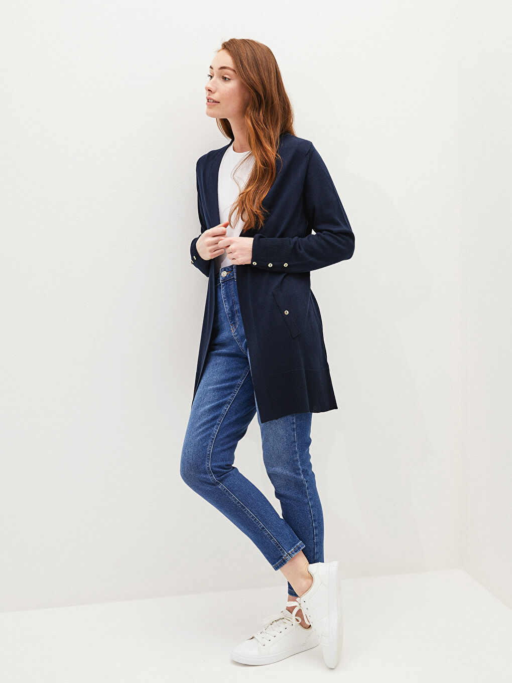 Lacivert Şal Yaka Düz Uzun Kollu Kadın Triko Hırka-3