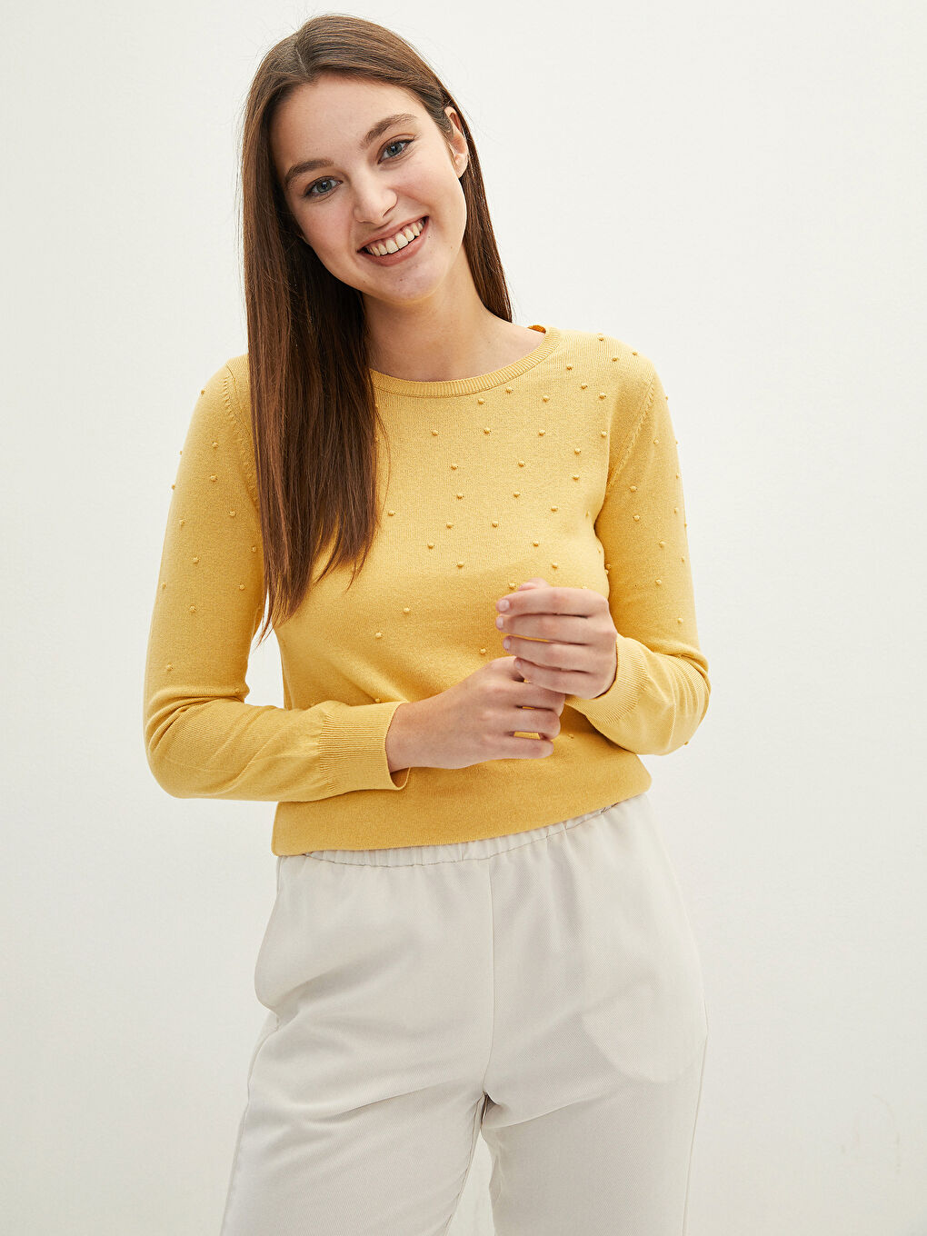Sarı Bisiklet Yaka Puantiyeli Kadın Triko Kazak