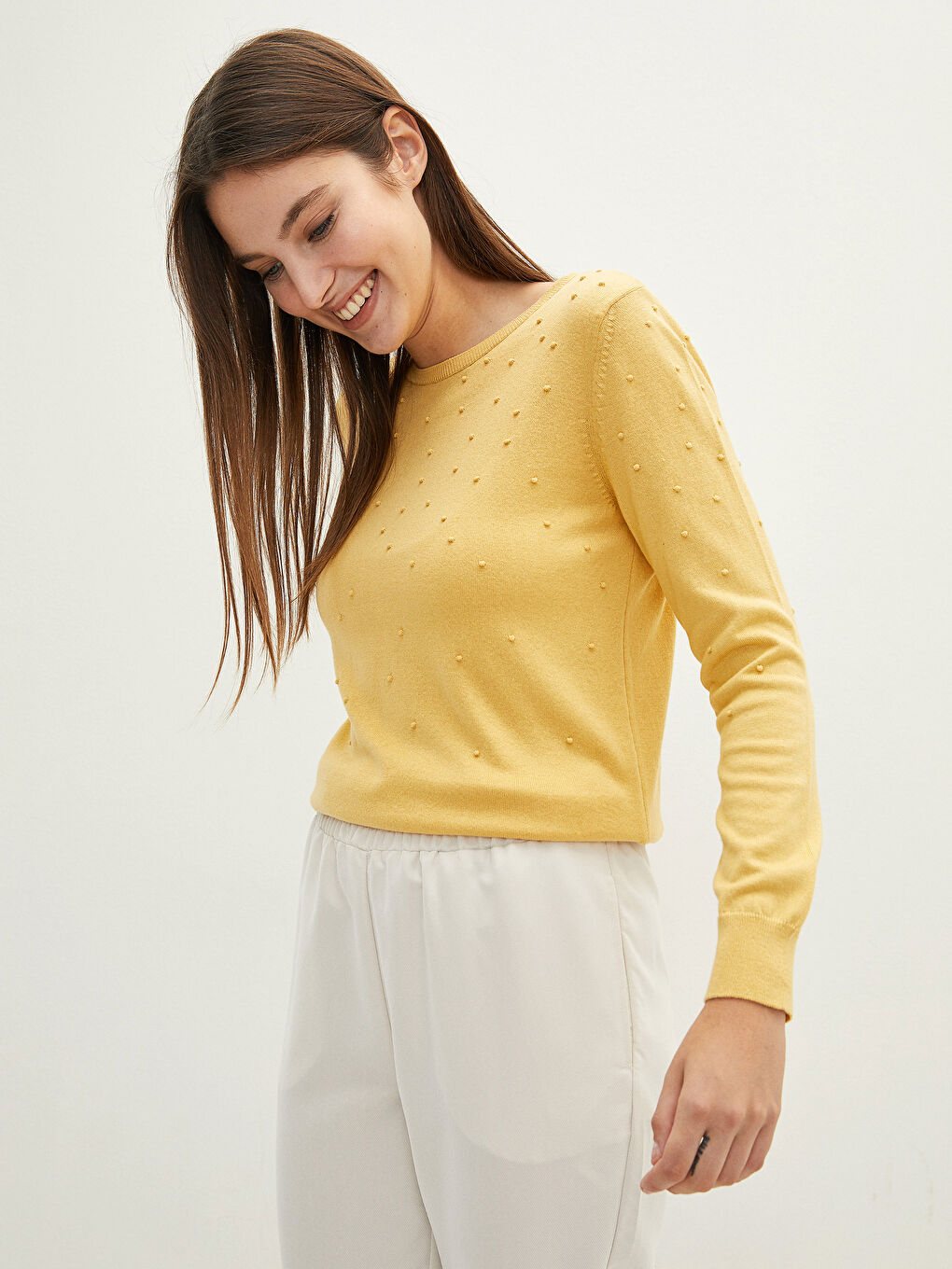 Sarı Bisiklet Yaka Puantiyeli Kadın Triko Kazak-1