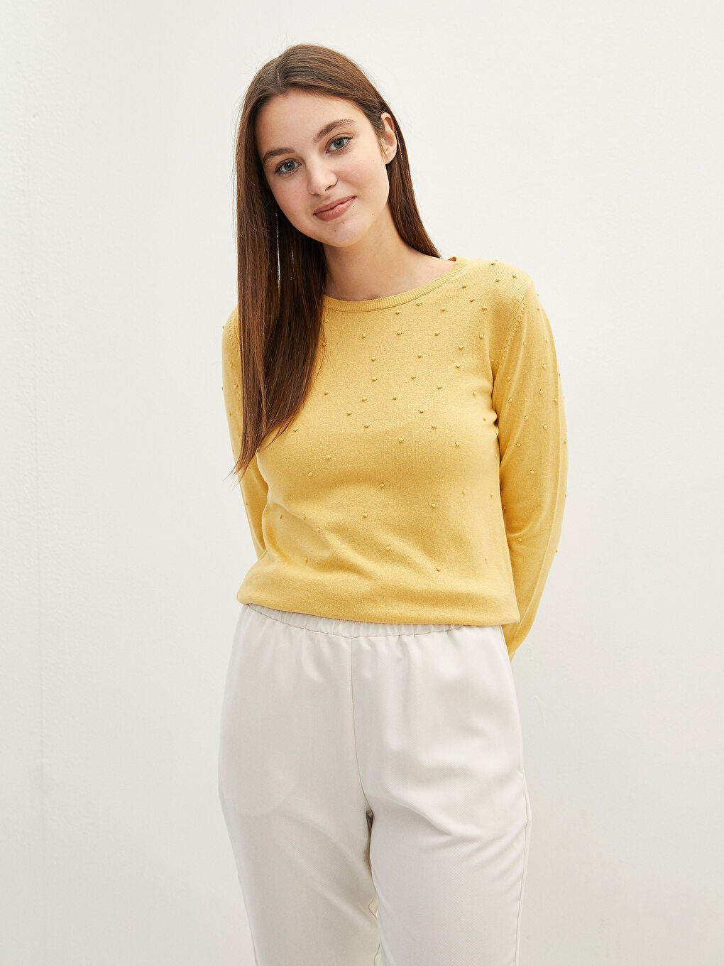 Sarı Bisiklet Yaka Puantiyeli Kadın Triko Kazak-2