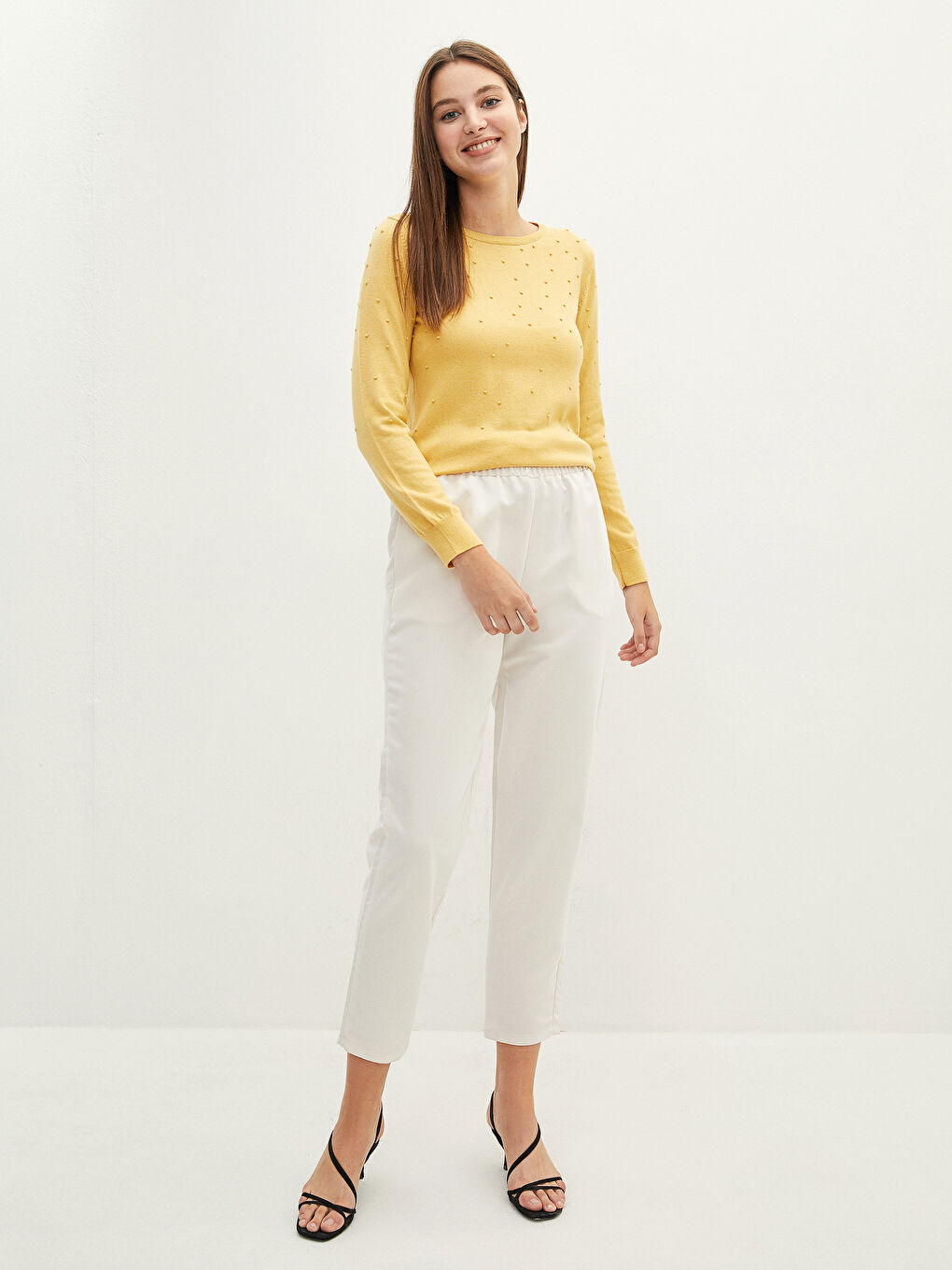 Sarı Bisiklet Yaka Puantiyeli Kadın Triko Kazak-4