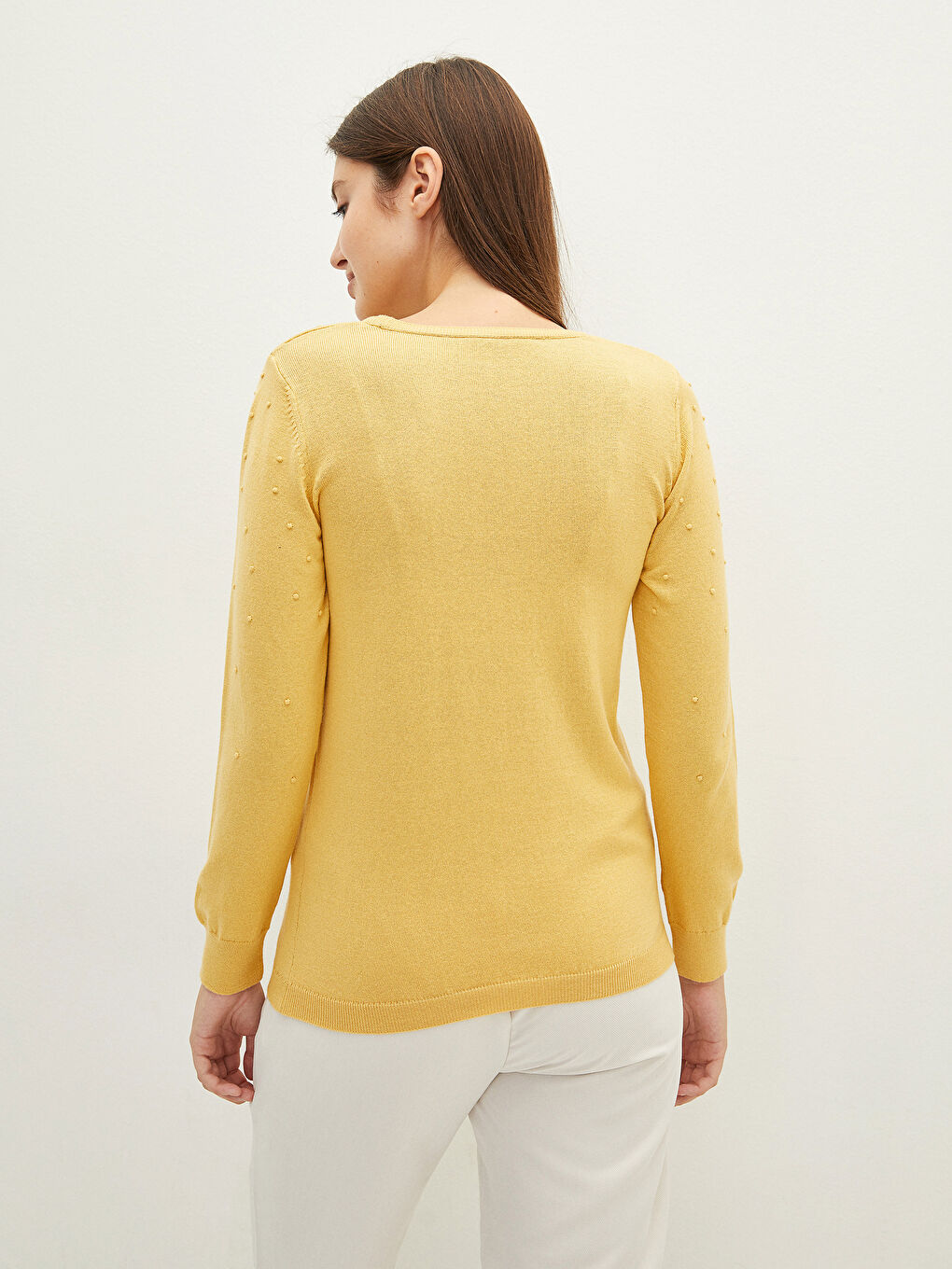 Sarı Bisiklet Yaka Puantiyeli Kadın Triko Kazak-5