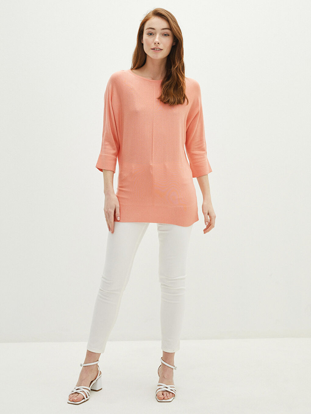 Mercan Bisiklet Yaka Düz Yarım Kollu Kadın Triko Kazak-1