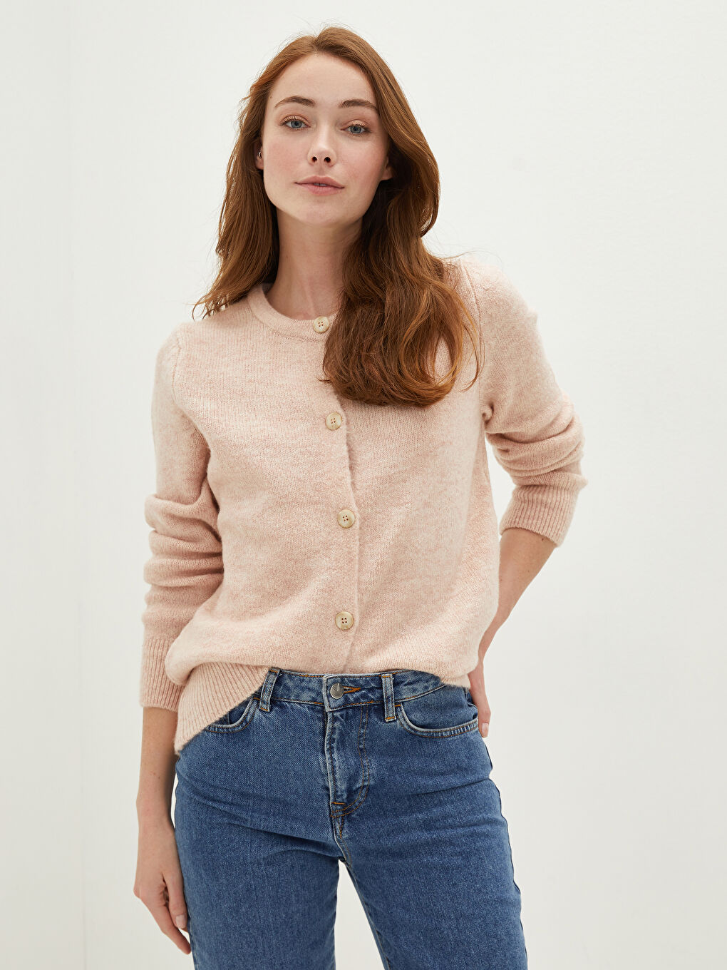 Pembe Bisiklet Yaka Düz Düğme Kapamalı Uzun Kollu Kadın Triko Hırka-1