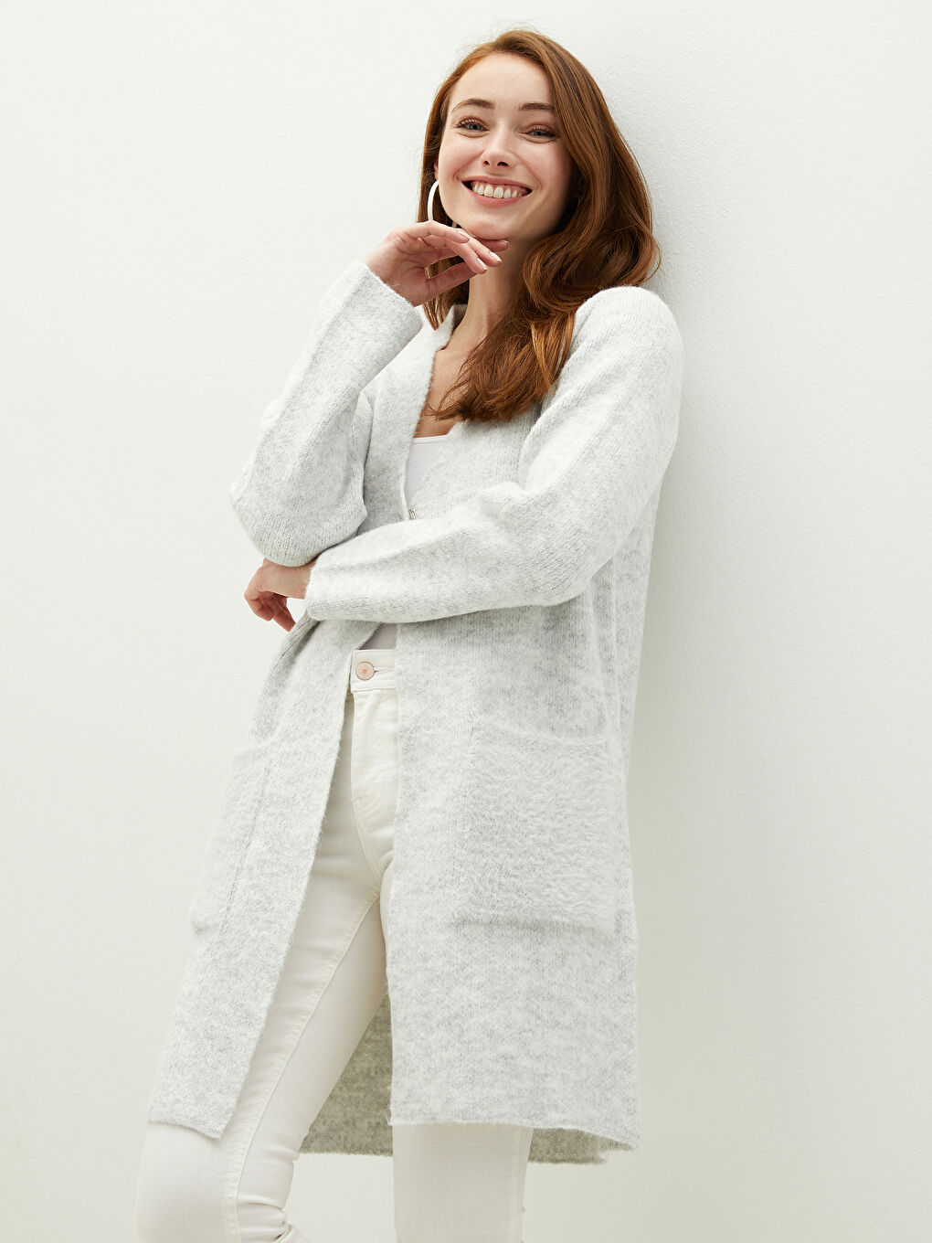 Gri V Yaka Düz Uzun Kollu Kadın Triko  Hırka