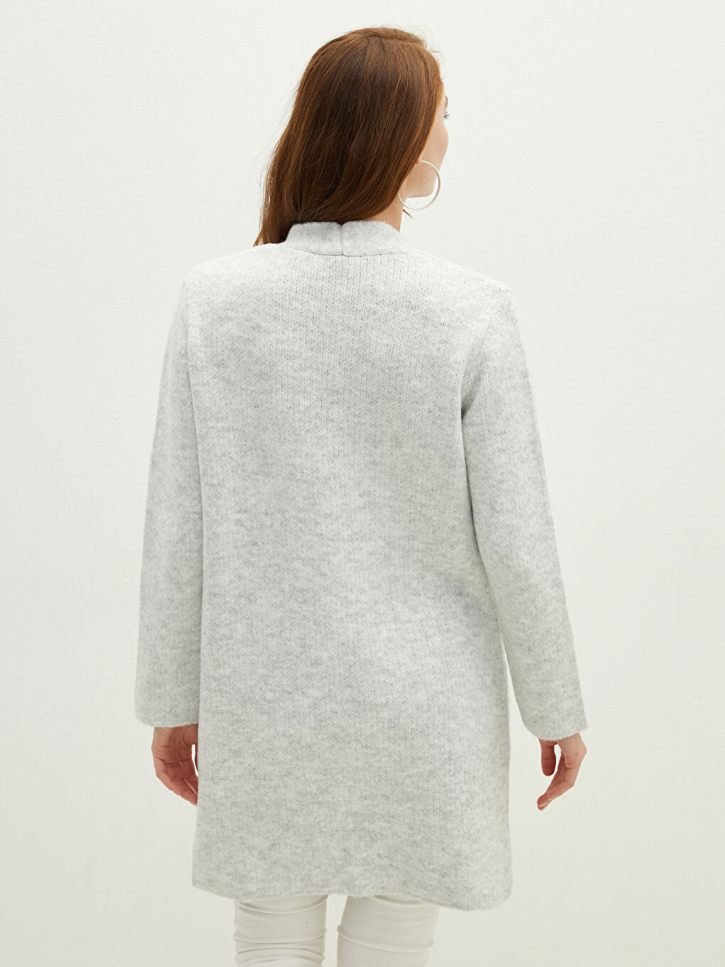 Gri V Yaka Düz Uzun Kollu Kadın Triko  Hırka-5