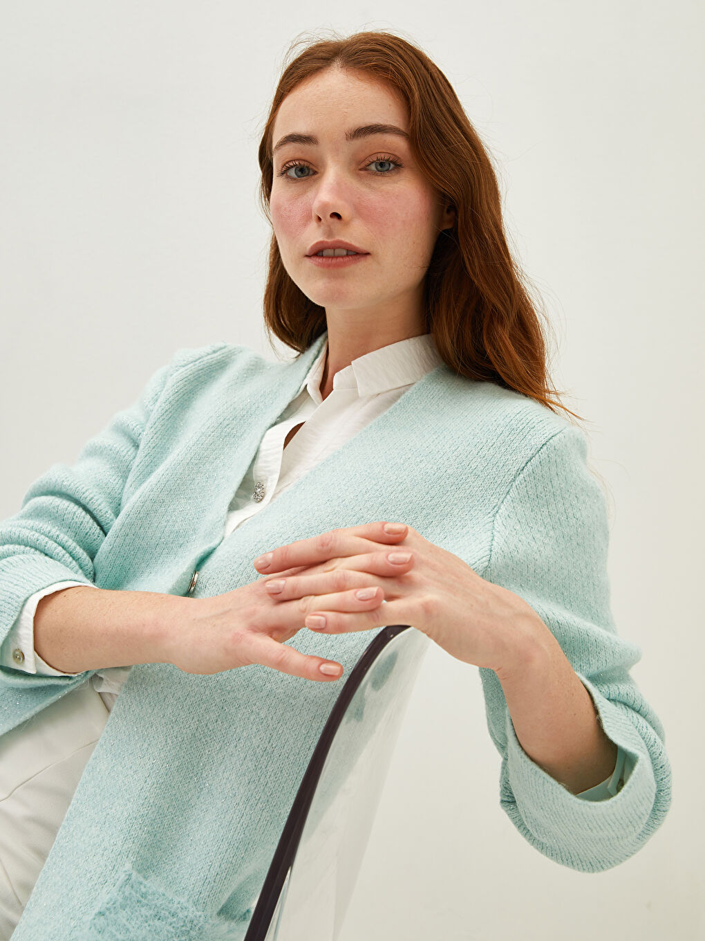 Кардиган трикотажний з V-подібним вирізом, прямий, довгий рукав для жінок-1