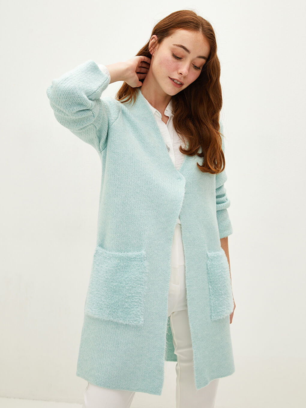 Кардиган трикотажний з V-подібним вирізом, прямий, довгий рукав для жінок