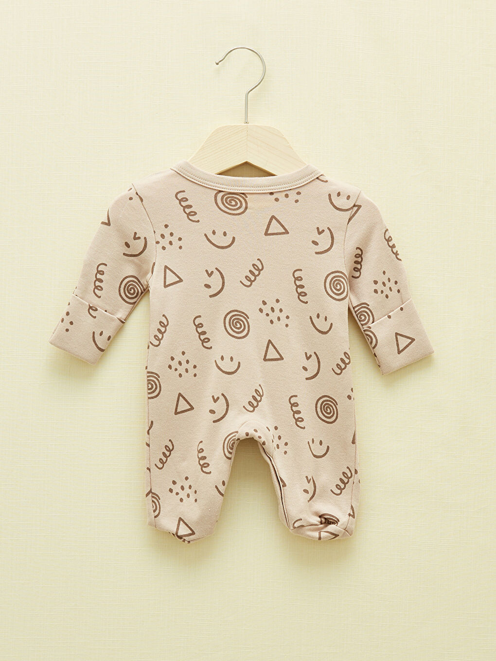 Bej V Yaka Baskılı Prematüre Unisex Bebek Hastane Çıkış Seti-3