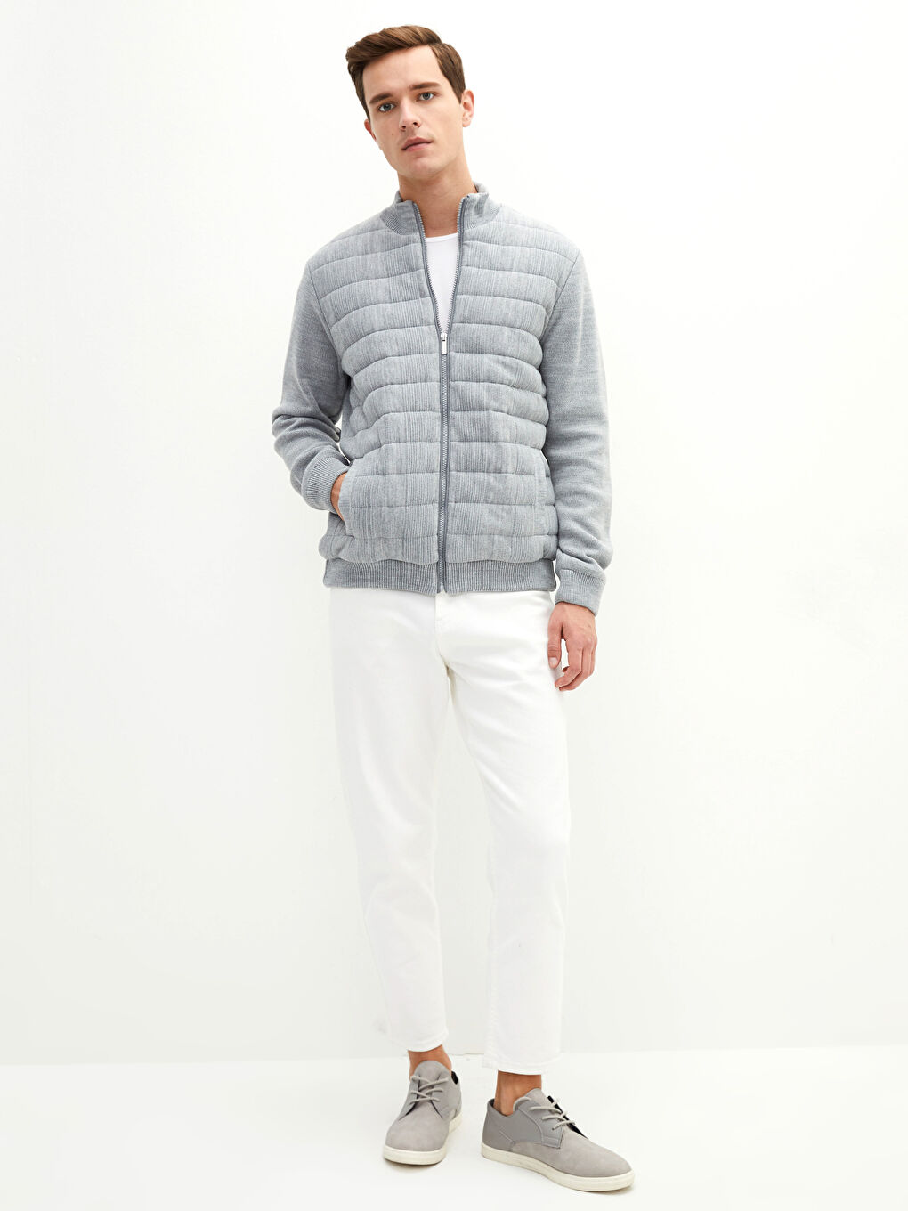 Bej Standart Kalıp Dik Yaka Kalın Erkek Triko Hırka-2