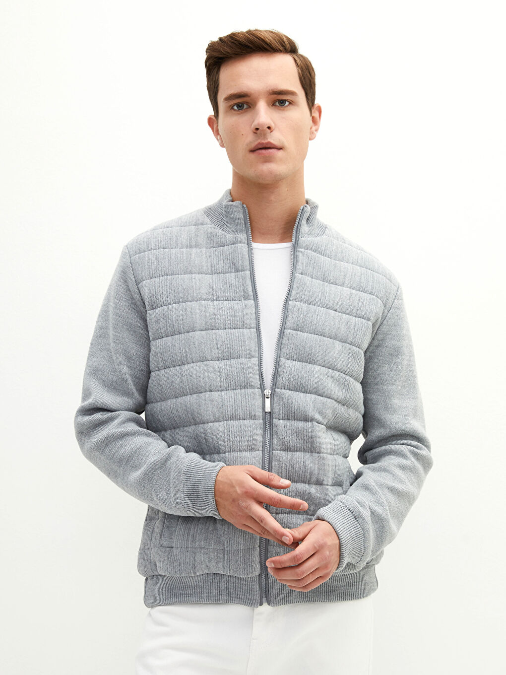 Bej Standart Kalıp Dik Yaka Kalın Erkek Triko Hırka-3