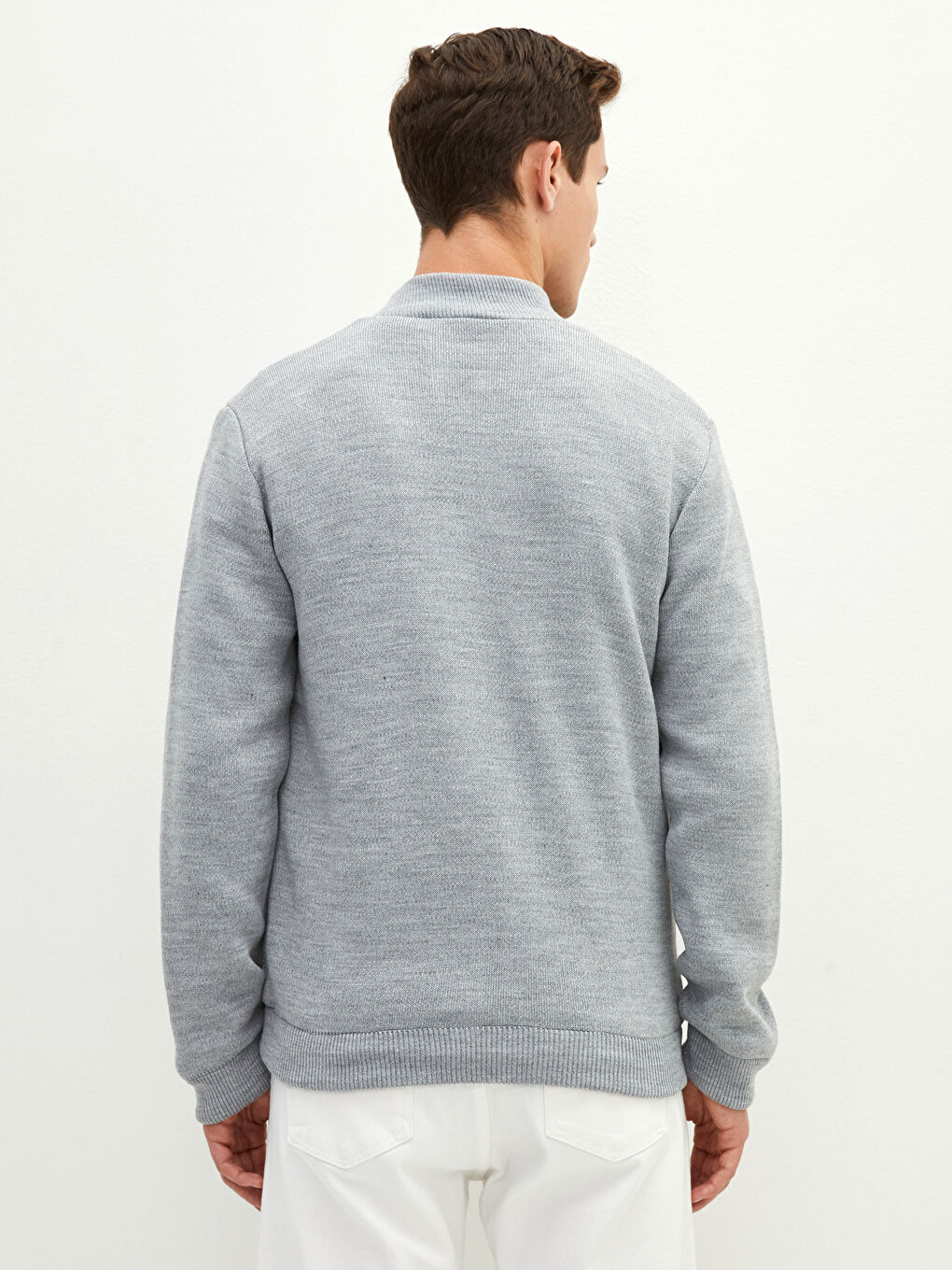 Bej Standart Kalıp Dik Yaka Kalın Erkek Triko Hırka-4