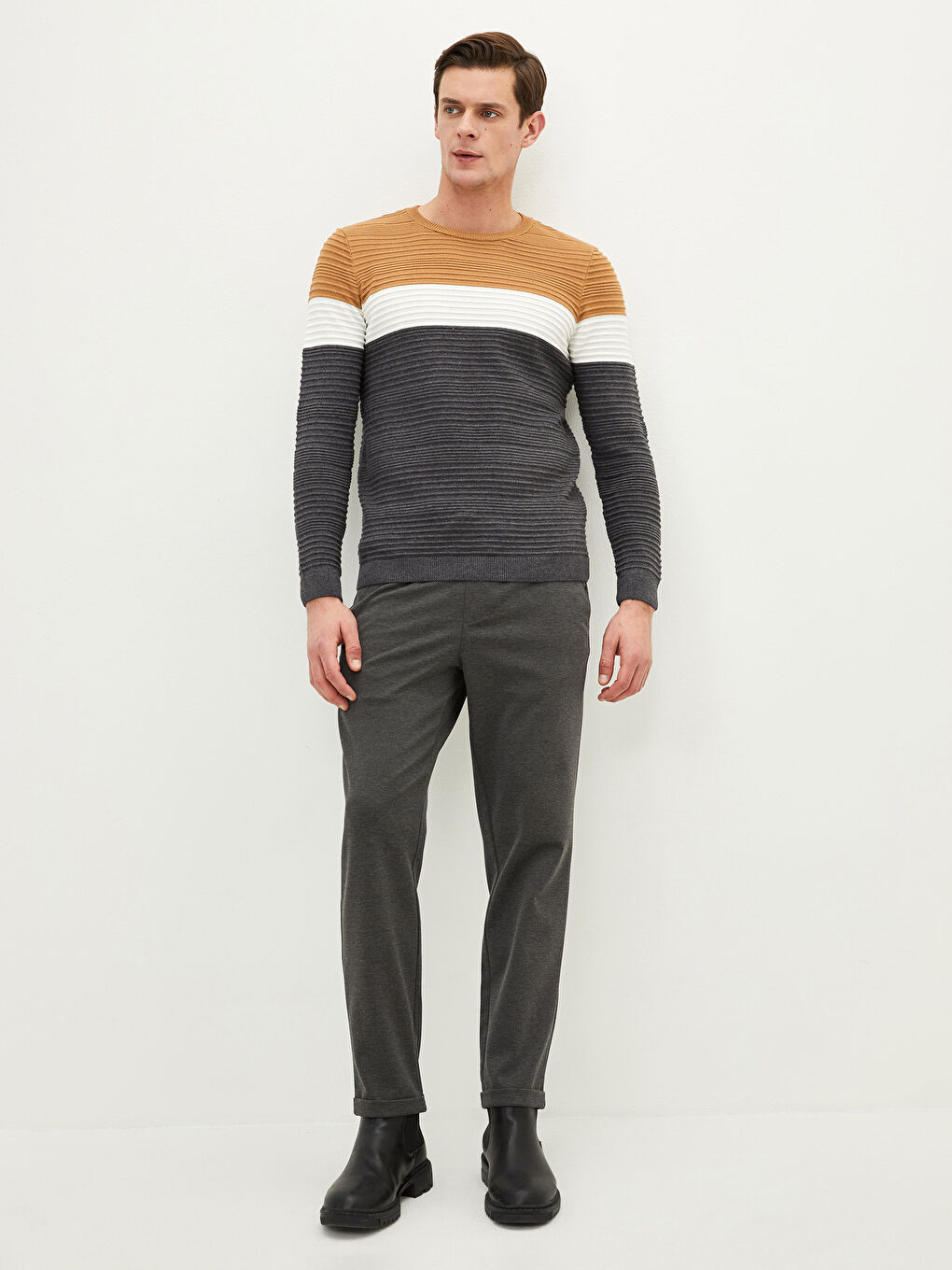 Bej Bisiklet Yaka Uzun Kollu Renk Bloklu Erkek Triko Kazak-2