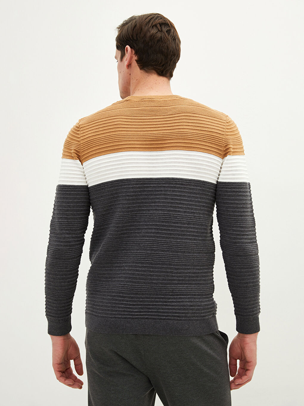 Bej Bisiklet Yaka Uzun Kollu Renk Bloklu Erkek Triko Kazak-4