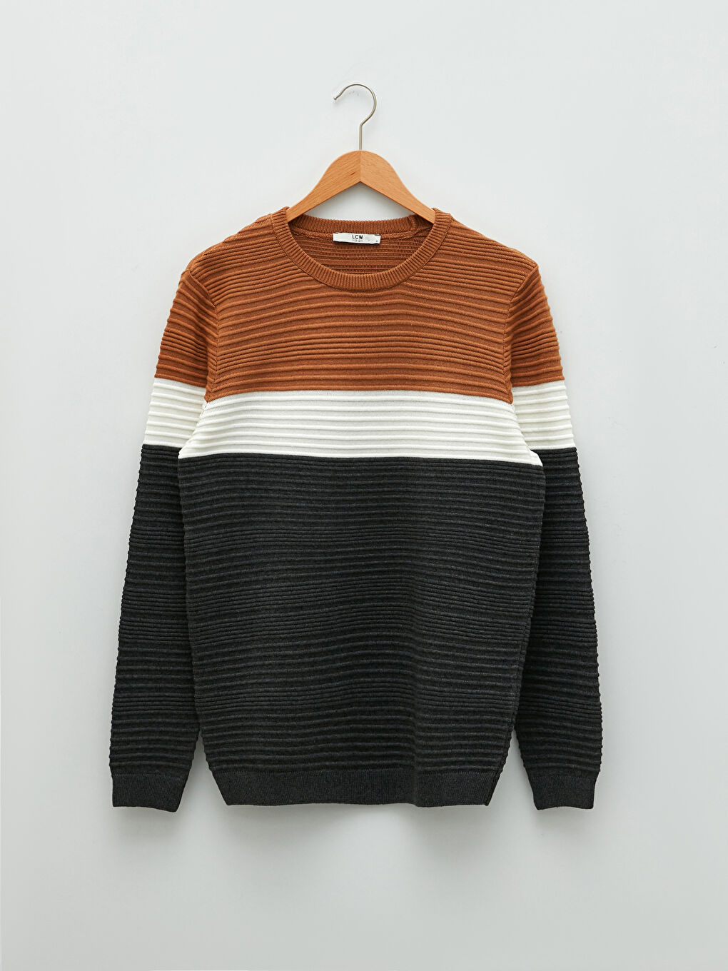 Bej Bisiklet Yaka Uzun Kollu Renk Bloklu Erkek Triko Kazak-5