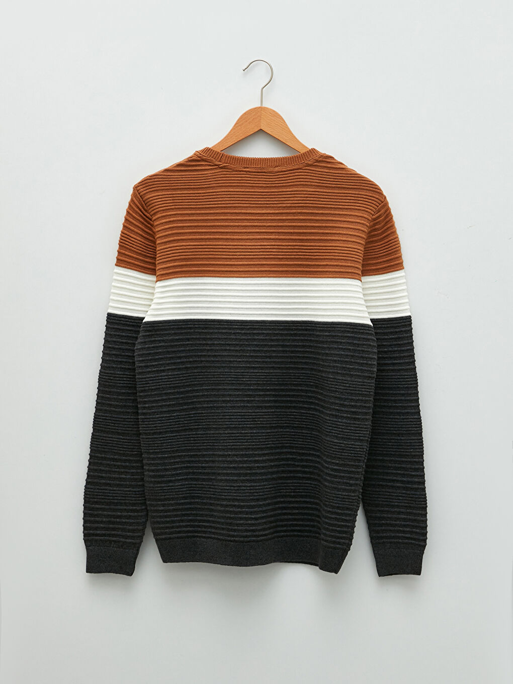 Bej Bisiklet Yaka Uzun Kollu Renk Bloklu Erkek Triko Kazak-6