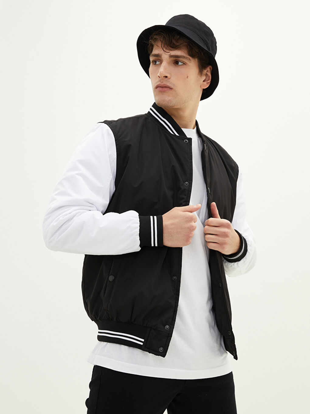 Siyah Standart Kalıp Kolej Yaka Erkek Bomber Ceket-2