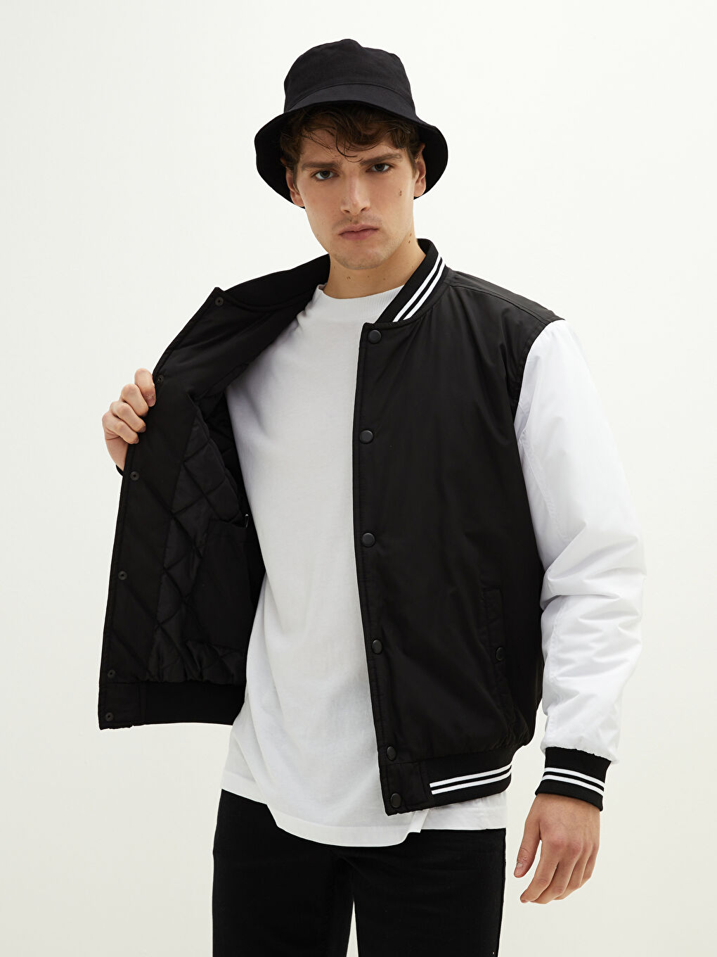 Siyah Standart Kalıp Kolej Yaka Erkek Bomber Ceket-3