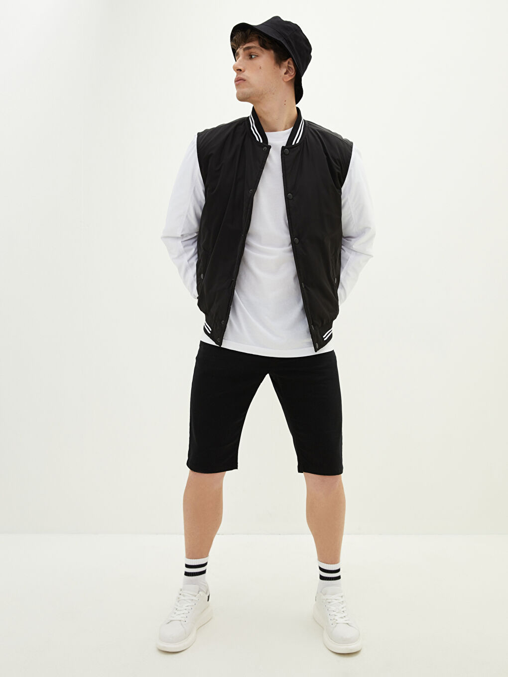 Siyah Standart Kalıp Kolej Yaka Erkek Bomber Ceket-5