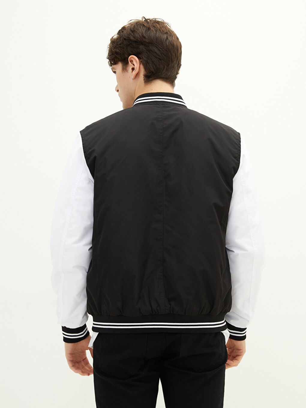 Siyah Standart Kalıp Kolej Yaka Erkek Bomber Ceket-7