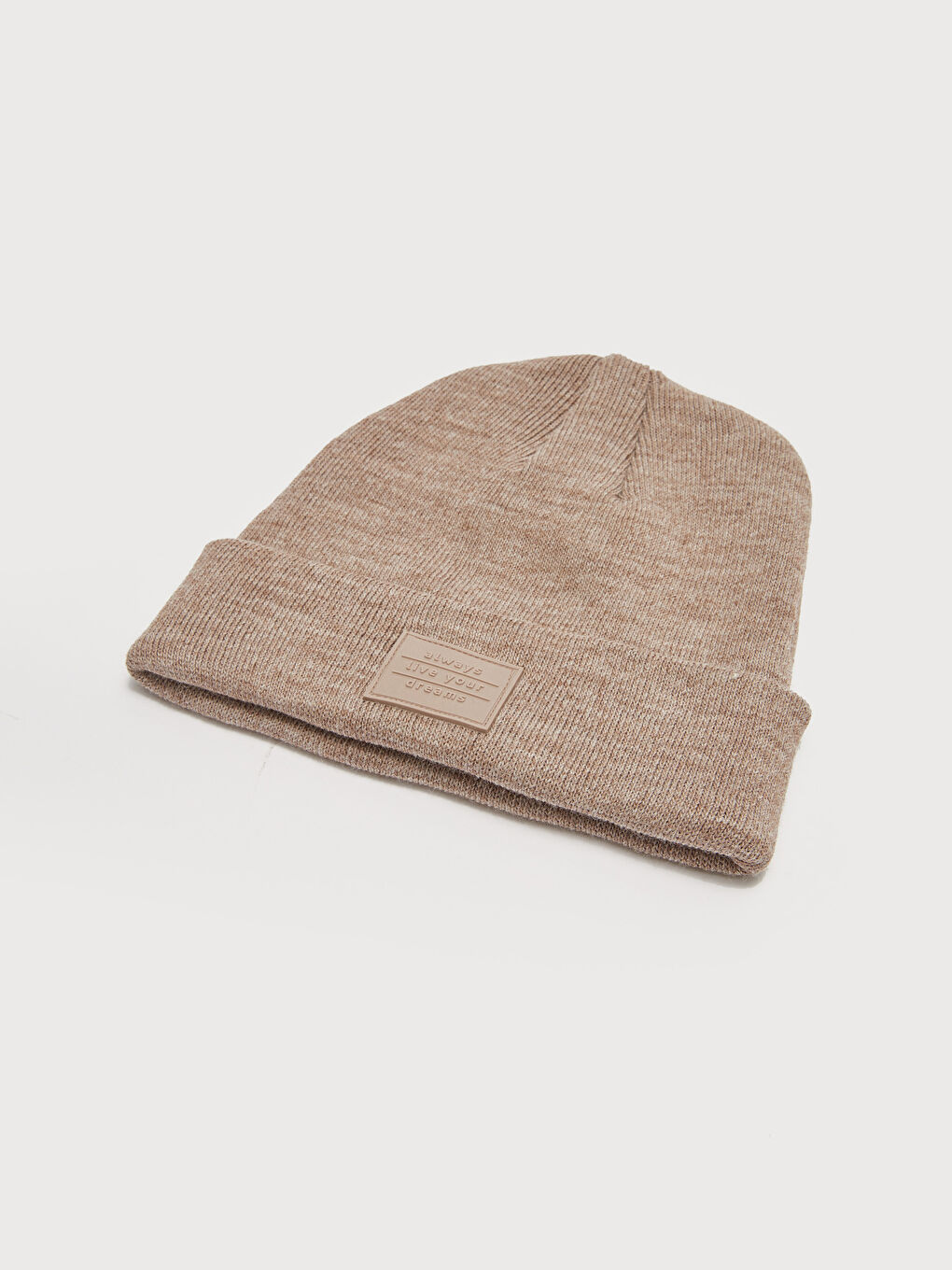 Bej Etiket Baskılı Kadın Triko Bere-4