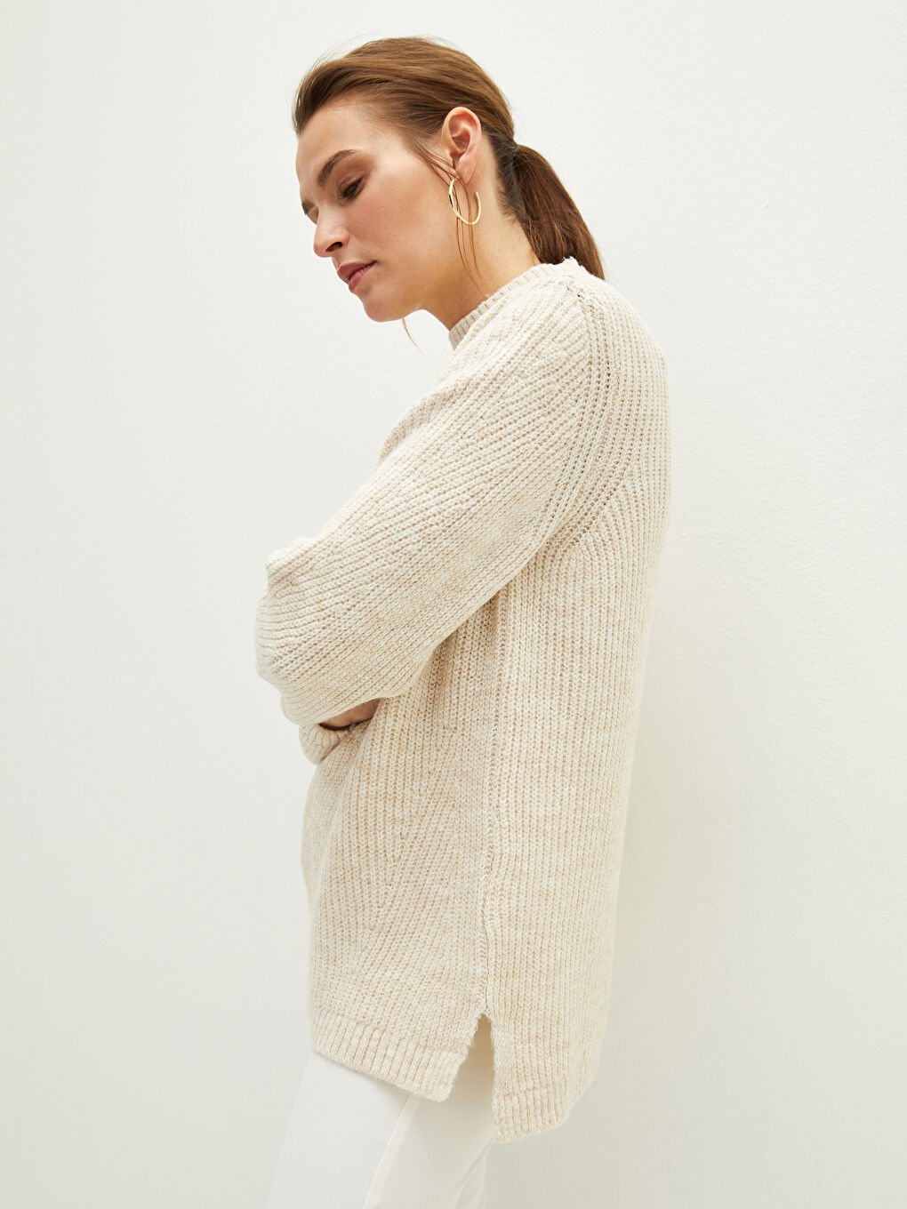 Bej Yarım Balıkçı Yaka Kendinden Desenli Uzun Kollu Kadın Triko Kazak-3