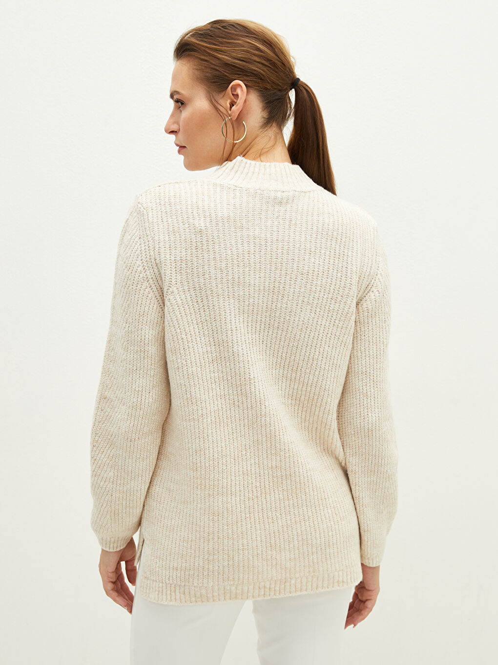 Bej Yarım Balıkçı Yaka Kendinden Desenli Uzun Kollu Kadın Triko Kazak-5