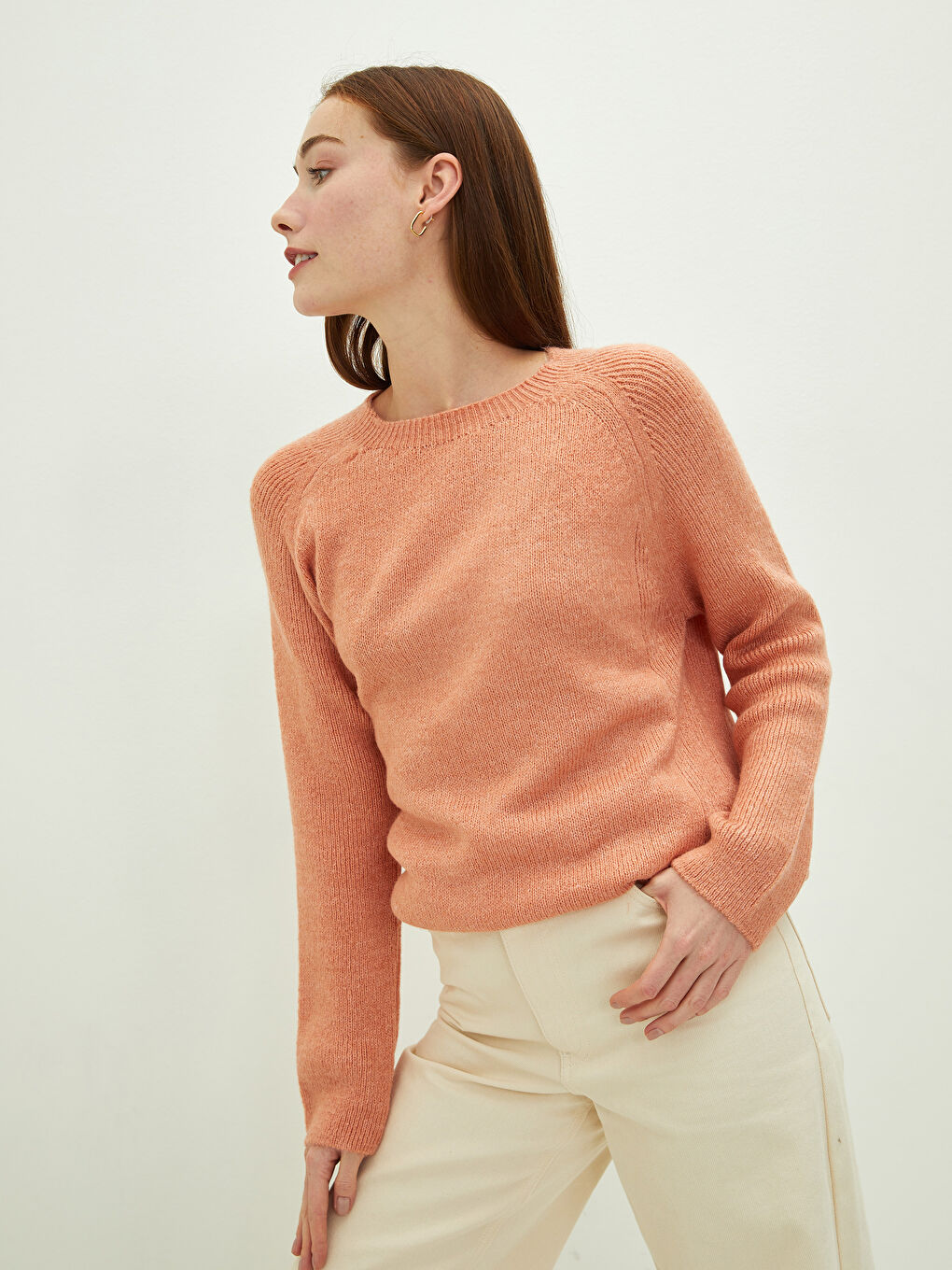 Turuncu Bisiklet Yaka Düz Uzun Kollu Kadın Triko Kazak