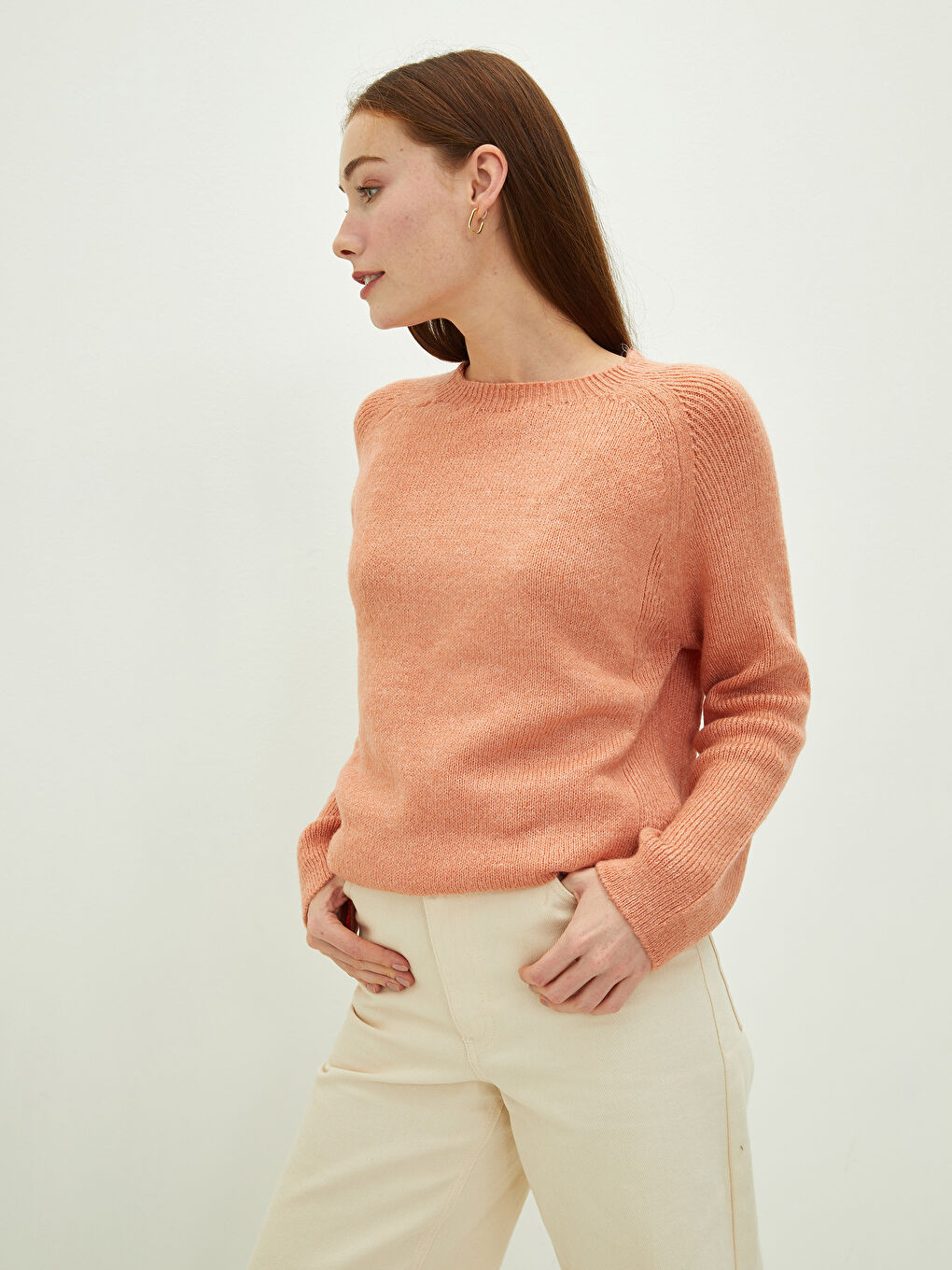 Turuncu Bisiklet Yaka Düz Uzun Kollu Kadın Triko Kazak-1