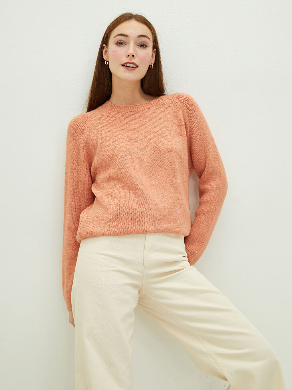 Turuncu Bisiklet Yaka Düz Uzun Kollu Kadın Triko Kazak-2