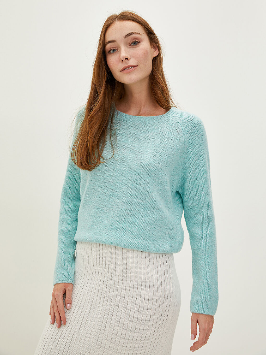 Yeşil Bisiklet Yaka Düz Uzun Kollu Kadın Triko Kazak-1