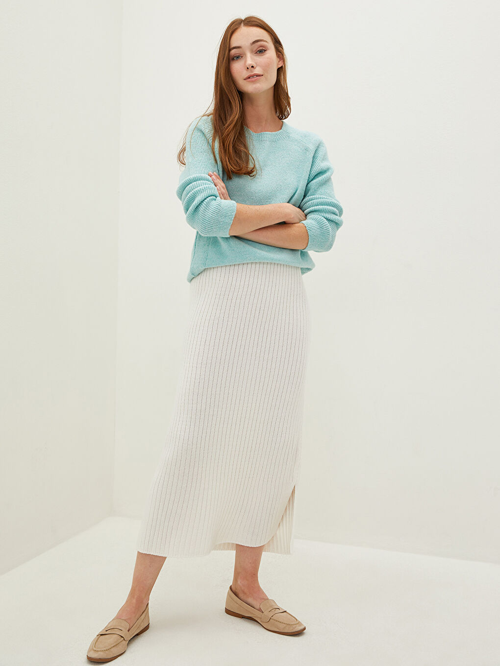 Yeşil Bisiklet Yaka Düz Uzun Kollu Kadın Triko Kazak-4